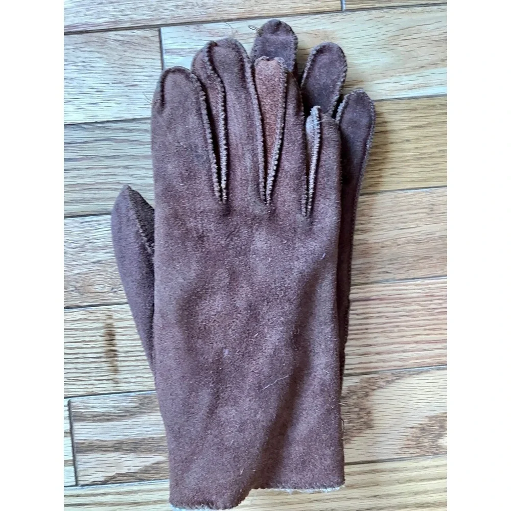 Vintage Brown Suede Gloves Sherpa Lined‎ Winter Warm Women's